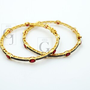 Ruby Diamond Bangle, Pavé Rosecut Diamond 925 Sterling Silver Yellow Gold Vermeil Bracelet