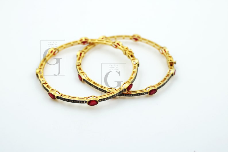 Ruby Diamond Bangle, Pavé Rosecut Diamond 925 Sterling Silver Yellow Gold Vermeil Bracelet