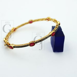 Ruby Diamond Bangle, Pavé Rosecut Diamond 925 Sterling Silver Yellow Gold Vermeil Bracelet