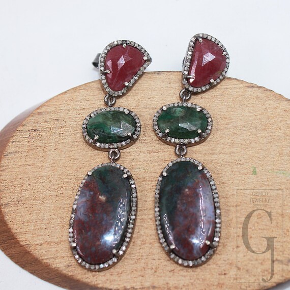 Multi-Stone Dangle Earrings: Ruby, Emerald, Sapph… - image 10