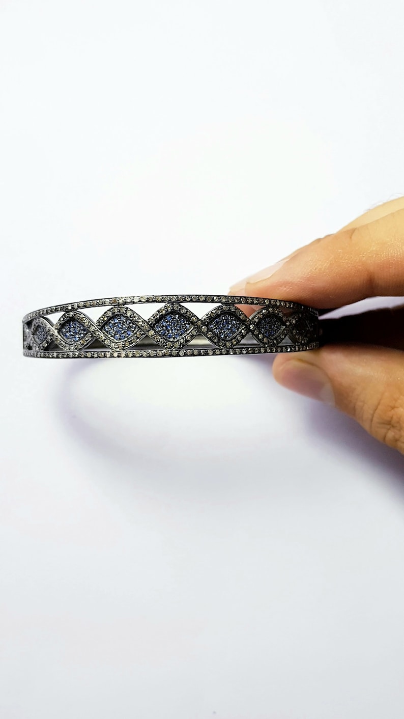 Very latest designer Rosecut pave diamond bangle 925 sterling silver handmade finish blue sapphire and diamond bangle bracelet