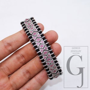 Pink Ruby Rosecut Diamond Bangle: Sterling Silver Macrame Bracelet
