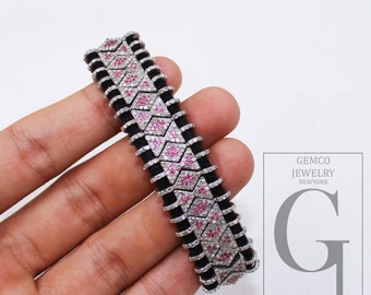 Pink Ruby Rosecut Diamond Bangle: Sterling Silver Macrame Bracelet