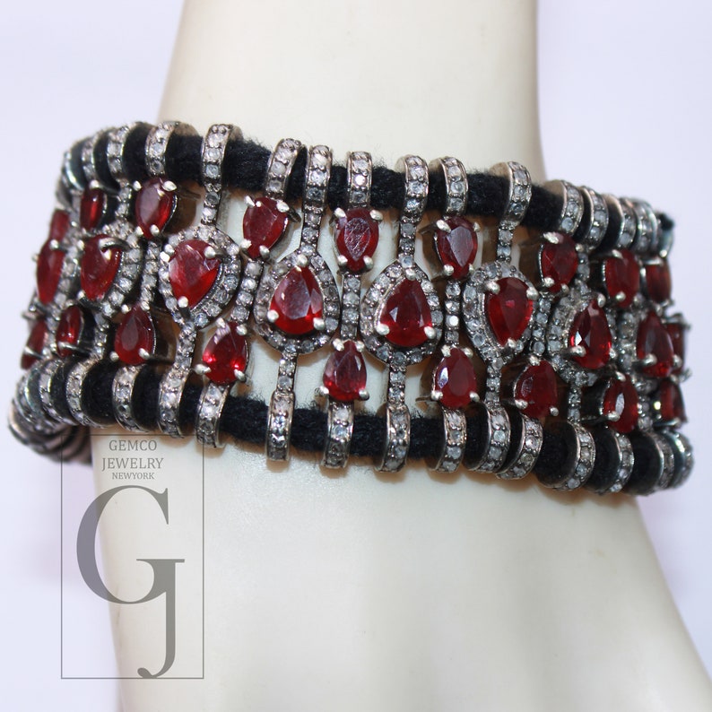 Red Ruby Thread Bracelet Rosecut Pave Diamond Thread Bangle Bracelet 925 Sterling Silver Handmade Finish Bangle Macrame Bracelet jewelry 1pc