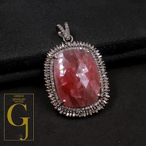 Pave Diamond Pendant : 925 Sterling Silver Pendant With Baguette Diamond Handmade Finish And Natural Ruby
