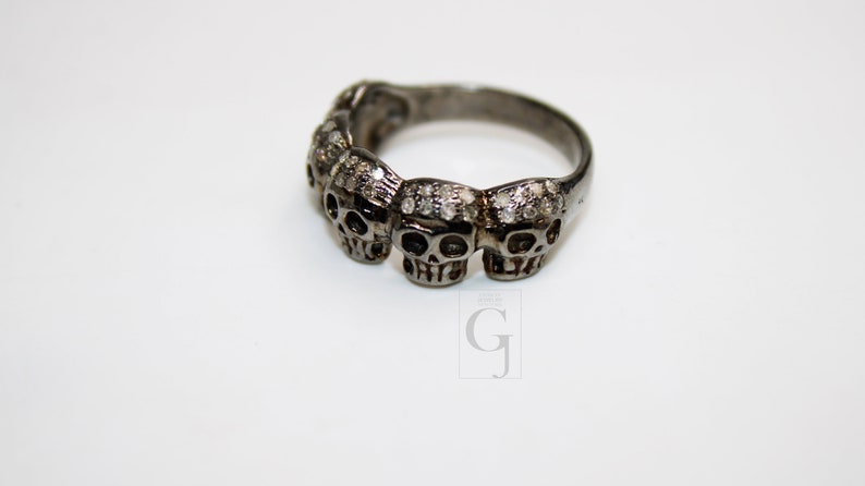 Antique look designer skull ring Rosecut pave diamond rings 925 sterling silver handmade silver finish diamond ring