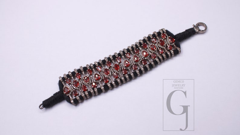 Red Ruby Thread Bracelet Rosecut Pave Diamond Thread Bangle Bracelet 925 Sterling Silver Handmade Finish Bangle Macrame Bracelet jewelry 1pc