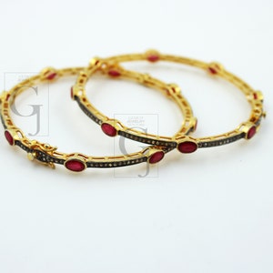 Ruby Diamond Bangle, Pavé Rosecut Diamond 925 Sterling Silver Yellow Gold Vermeil Bracelet