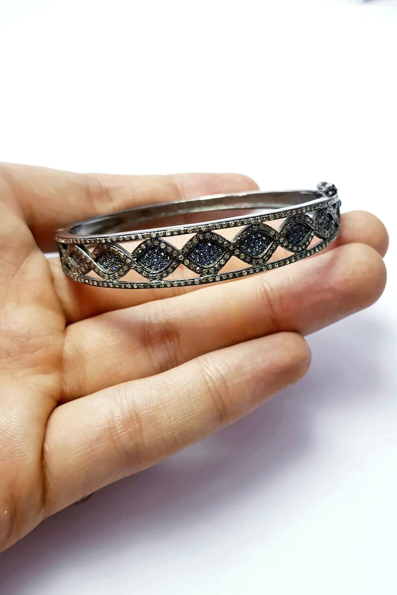 Very latest designer Rosecut pave diamond bangle 925 sterling silver handmade finish blue sapphire and diamond bangle bracelet