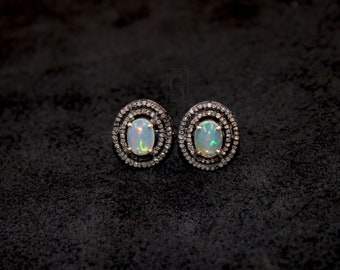 Natural opal oval stud earrings topsPave rosecut diamond 925 sterling silver handmade very beautiful  diamond pave stud earrings