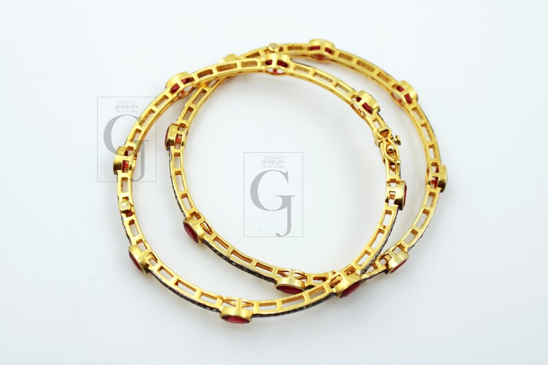 Ruby Diamond Bangle, Pavé Rosecut Diamond 925 Sterling Silver Yellow Gold Vermeil Bracelet