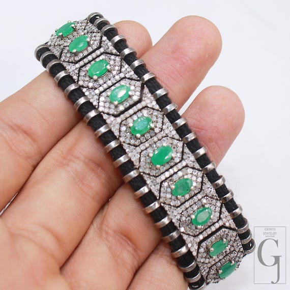 Emerald Macrame Bracelet: Rosecut Emerald, Pave D… - image 8