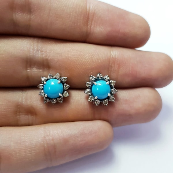 Latest designer Rosecut pave diamond stud earrings 925 sterling silver handmade silver finish turquoise diamond stud earrings
