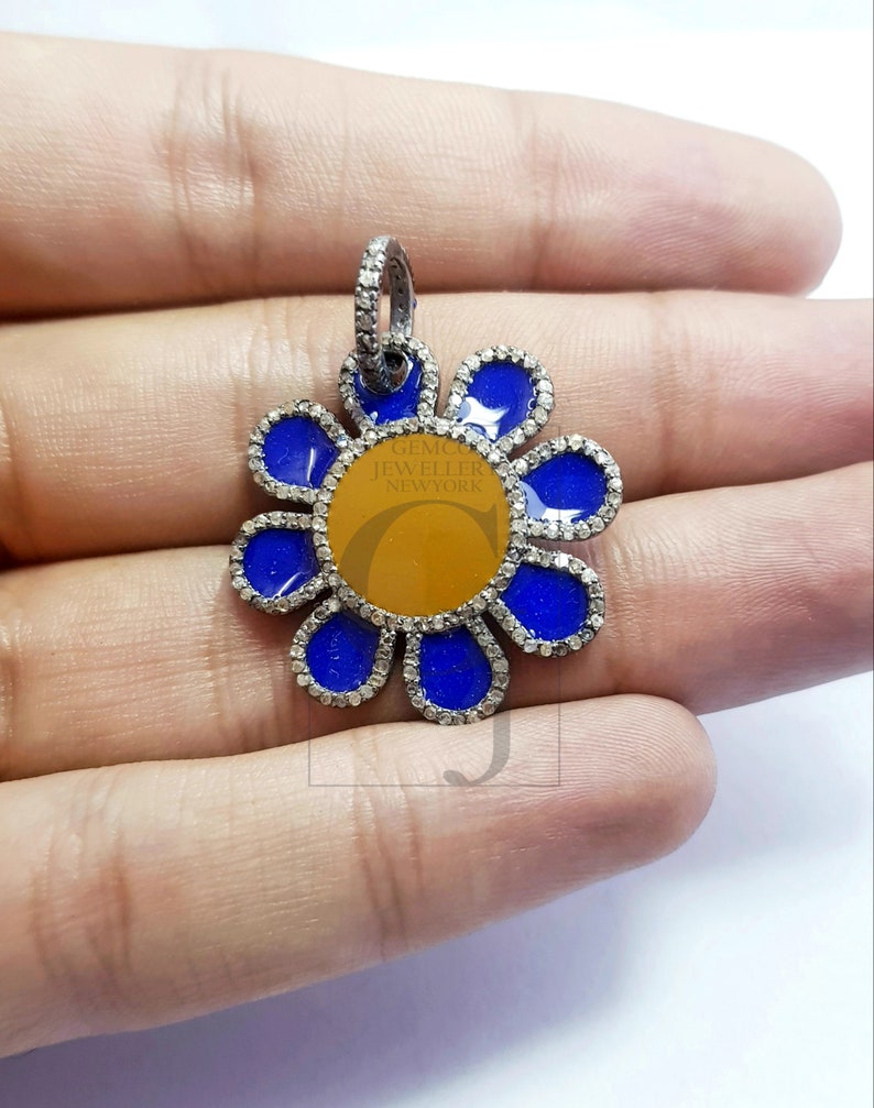 Beautiful flower design Rosecut pave diamond pendant 925 sterling silver handmade finish enameling designer diamond pendant jewelry