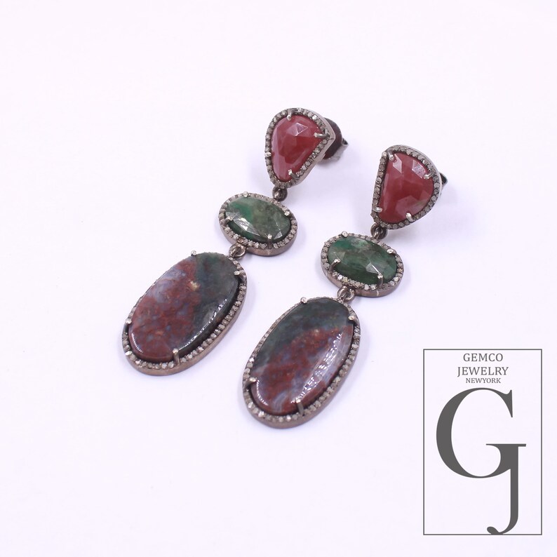 Designer Bloodstone, Emerald and Pink Sapphire Diamond Earrings, 925 ...