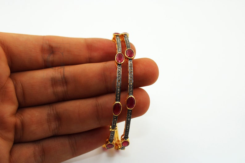 Ruby Diamond Bangle, Pavé Rosecut Diamond 925 Sterling Silver Yellow Gold Vermeil Bracelet