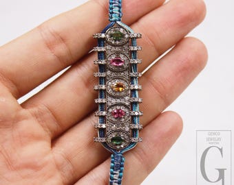 Blue Macrame Bracelet – Multi Tourmaline, Pave Diamond, Sterling Silver