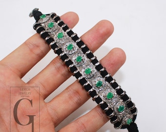 Emerald Rosecut Diamond Bangle: Sterling Silver Macrame Thread Bracelet