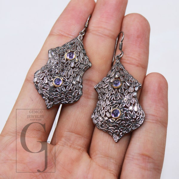1 Pair flat cut Polki diamond tanzanite earring designer Rosecut slice diamond  sterling silver handmade silver diamond earrings jewelry