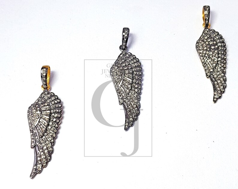 beautiful wings designed Rocecut pave diamond pendant 925 sterling silver handmade finish diamond jewelry