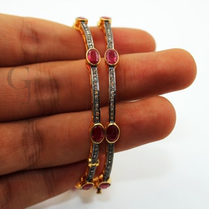 Ruby Diamond Bangle, Pavé Rosecut Diamond 925 Sterling Silver Yellow Gold Vermeil Bracelet