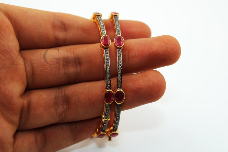 Ruby Diamond Bangle, Pavé Rosecut Diamond 925 Sterling Silver Yellow Gold Vermeil Bracelet