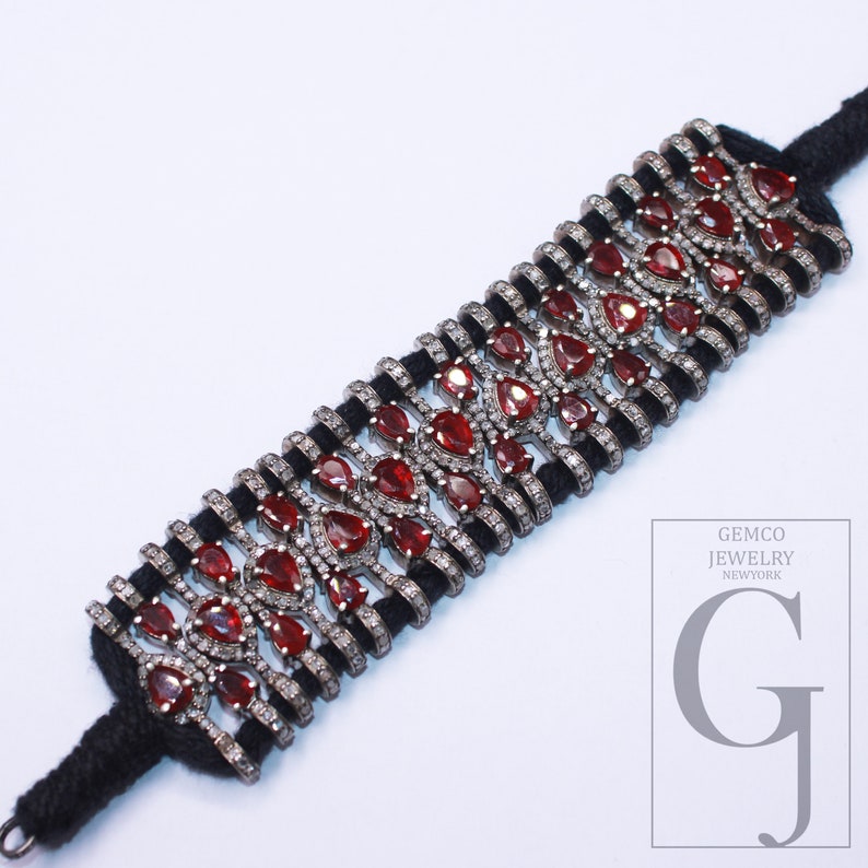 Red Ruby Thread Bracelet Rosecut Pave Diamond Thread Bangle Bracelet 925 Sterling Silver Handmade Finish Bangle Macrame Bracelet jewelry 1pc