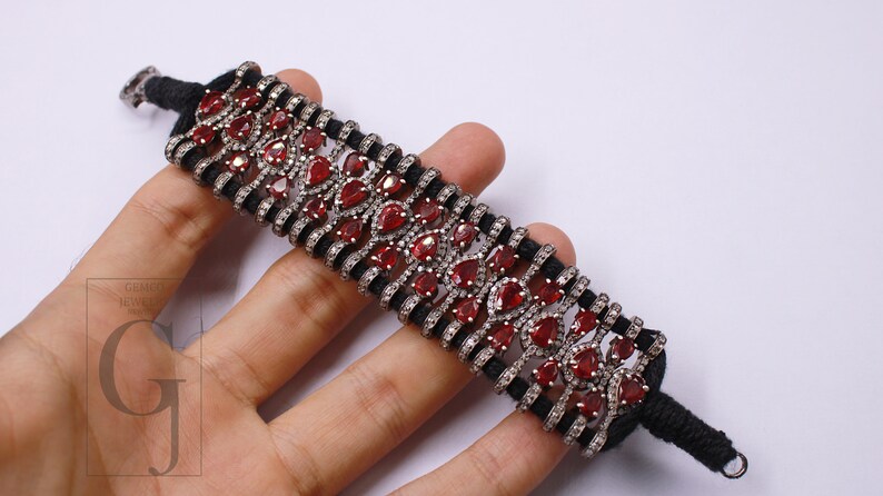 Red Ruby Thread Bracelet Rosecut Pave Diamond Thread Bangle Bracelet 925 Sterling Silver Handmade Finish Bangle Macrame Bracelet jewelry 1pc