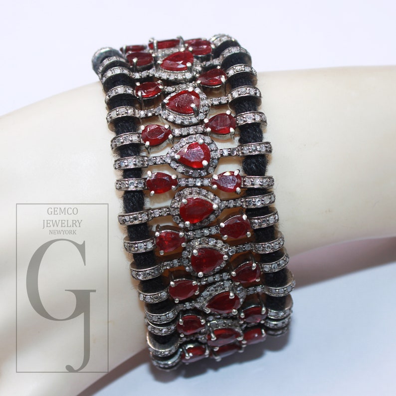 Red Ruby Thread Bracelet Rosecut Pave Diamond Thread Bangle Bracelet 925 Sterling Silver Handmade Finish Bangle Macrame Bracelet jewelry 1pc