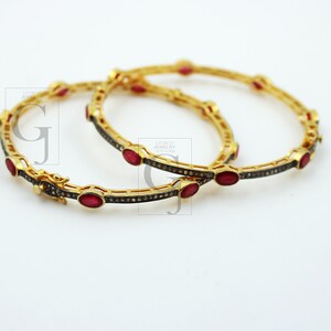 Ruby Diamond Bangle, Pavé Rosecut Diamond 925 Sterling Silver Yellow Gold Vermeil Bracelet