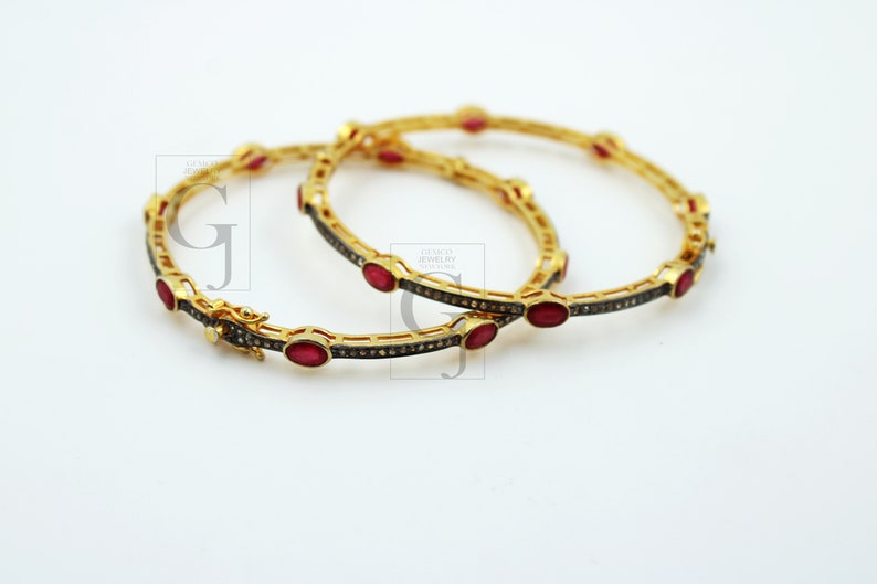 Ruby Diamond Bangle, Pavé Rosecut Diamond 925 Sterling Silver Yellow Gold Vermeil Bracelet