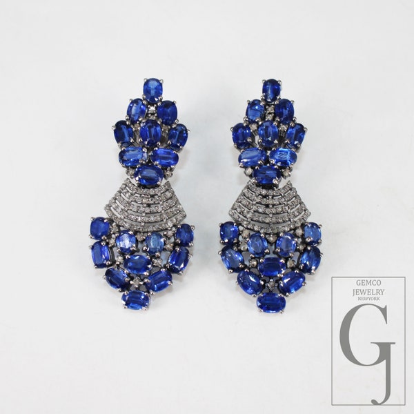 Fashionable blue kyanite earring designer earring Rosecut pave diamond earrings 925 sterling silver handmade silver diamond earring jewelry