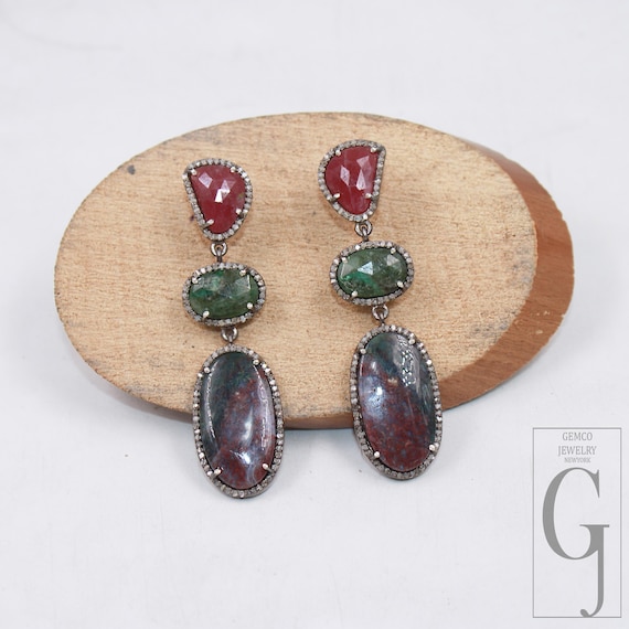 Multi-Stone Dangle Earrings: Ruby, Emerald, Sapph… - image 1