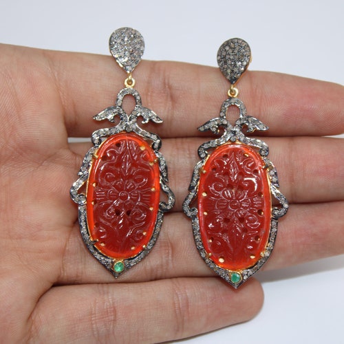 Very beautiful red onyx carving stone designer Rosecut pave diamond earrings 925 sterling silver finish antique look handmade shops earrings