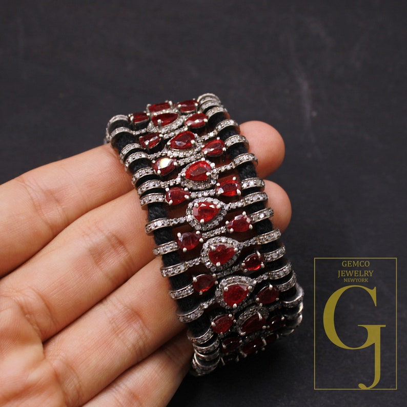 Red Ruby Thread Bracelet Rosecut Pave Diamond Thread Bangle Bracelet 925 Sterling Silver Handmade Finish Bangle Macrame Bracelet jewelry 1pc