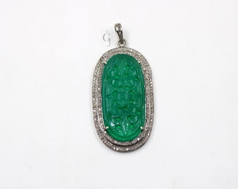 Carving stone green onyx pendant designer Rosecut pave diamond pendant 925 sterling silver handmade finish diamond charms necklace pendant