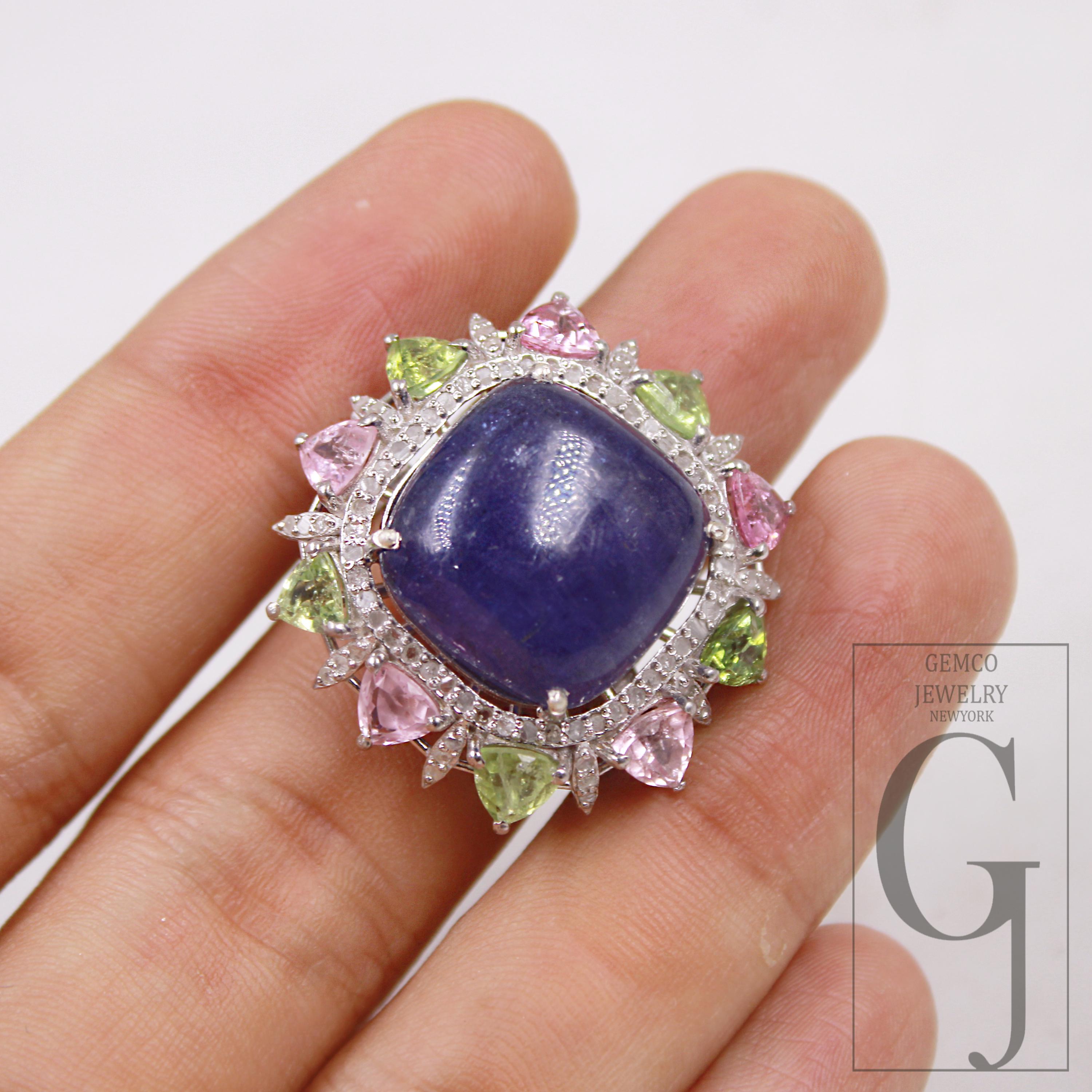 Tanzanite & Tourmaline Statement Ring: Rosecut Diamond, Sterling Silver Boho Cocktail Ring