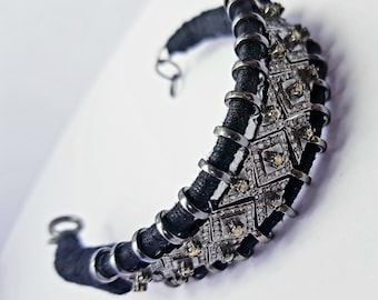 Black Thread Macrame Diamond Bangle: Handmade 925 Sterling Silver