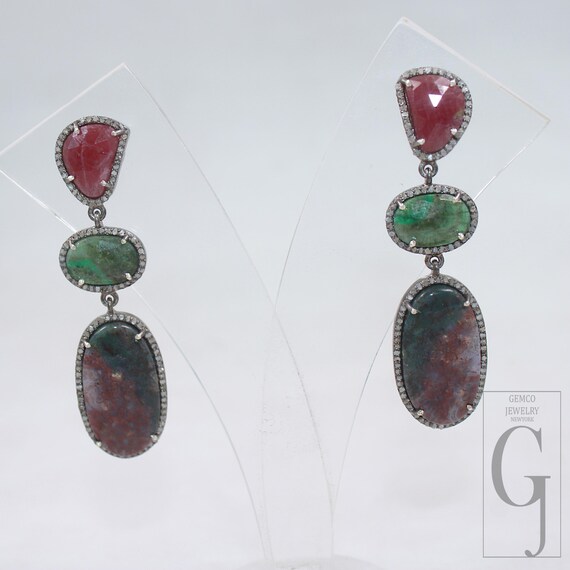 Multi-Stone Dangle Earrings: Ruby, Emerald, Sapph… - image 9
