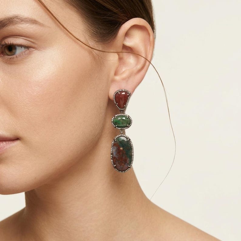 Designer Bloodstone, Emerald and Pink Sapphire Diamond Earrings, 925 ...