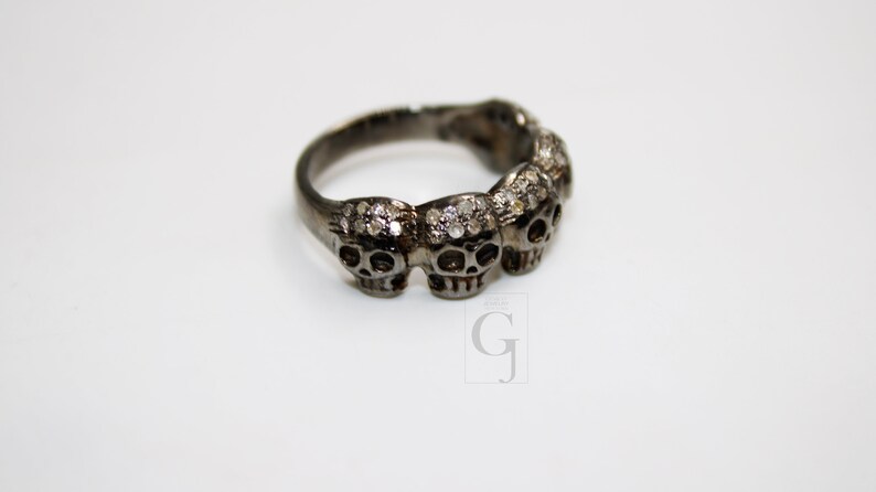 Antique look designer skull ring Rosecut pave diamond rings 925 sterling silver handmade silver finish diamond ring