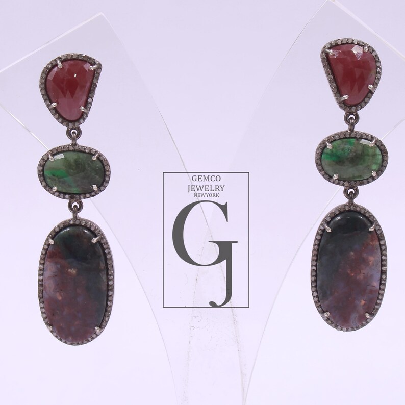 Designer Bloodstone, Emerald and Pink Sapphire Diamond Earrings, 925 ...