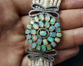 Beautiful designer Rosecut pave diamond bracelet 925 sterling silver handmade finish opal and pearl diamond bracelet jewelry