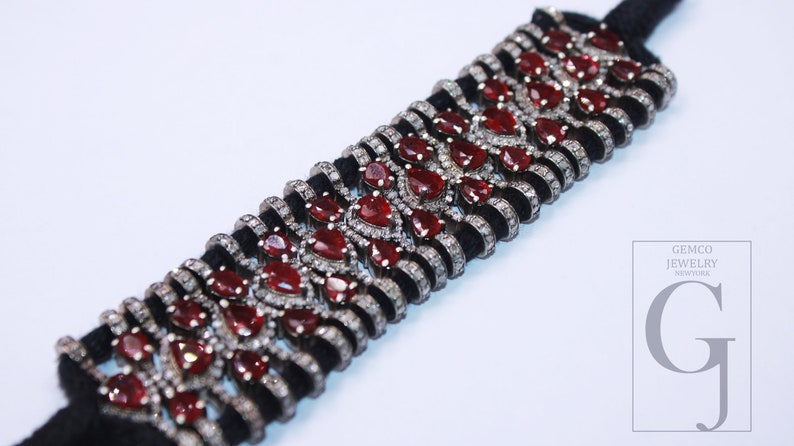 Red Ruby Thread Bracelet Rosecut Pave Diamond Thread Bangle Bracelet 925 Sterling Silver Handmade Finish Bangle Macrame Bracelet jewelry 1pc
