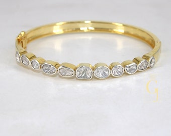 Handmade Rosecut Pave Diamond Bangle Bracelet: 14k Gold Finish, Sterling Silver