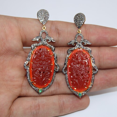 Very beautiful red onyx carving stone designer Rosecut pave diamond earrings 925 sterling silver finish antique look handmade shops earrings