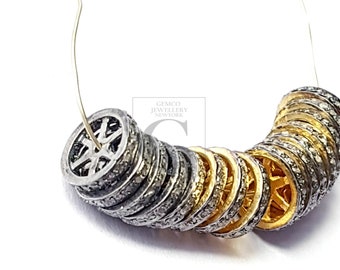 Sterling Silver Rosecut Diamond Rondelle Beads - Handmade Pave Set (10pcs)