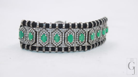 Emerald Macrame Bracelet: Rosecut Emerald, Pave D… - image 5