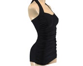S M L XL Monochrome Fifties Vintage Swimsuit Uni Ruched 50 39 s Belly Way Swimsuit bathing suit ruffled Nostalgia 50s Halter Neck
