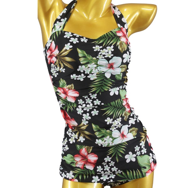 S M L XL Vintage Look Swimsuit Flower Hibiscus Tiki 50's Hawaii Pattern Orchid Flowers Blossoms Allover Retro Floral Rockabilly Pin Up 50s